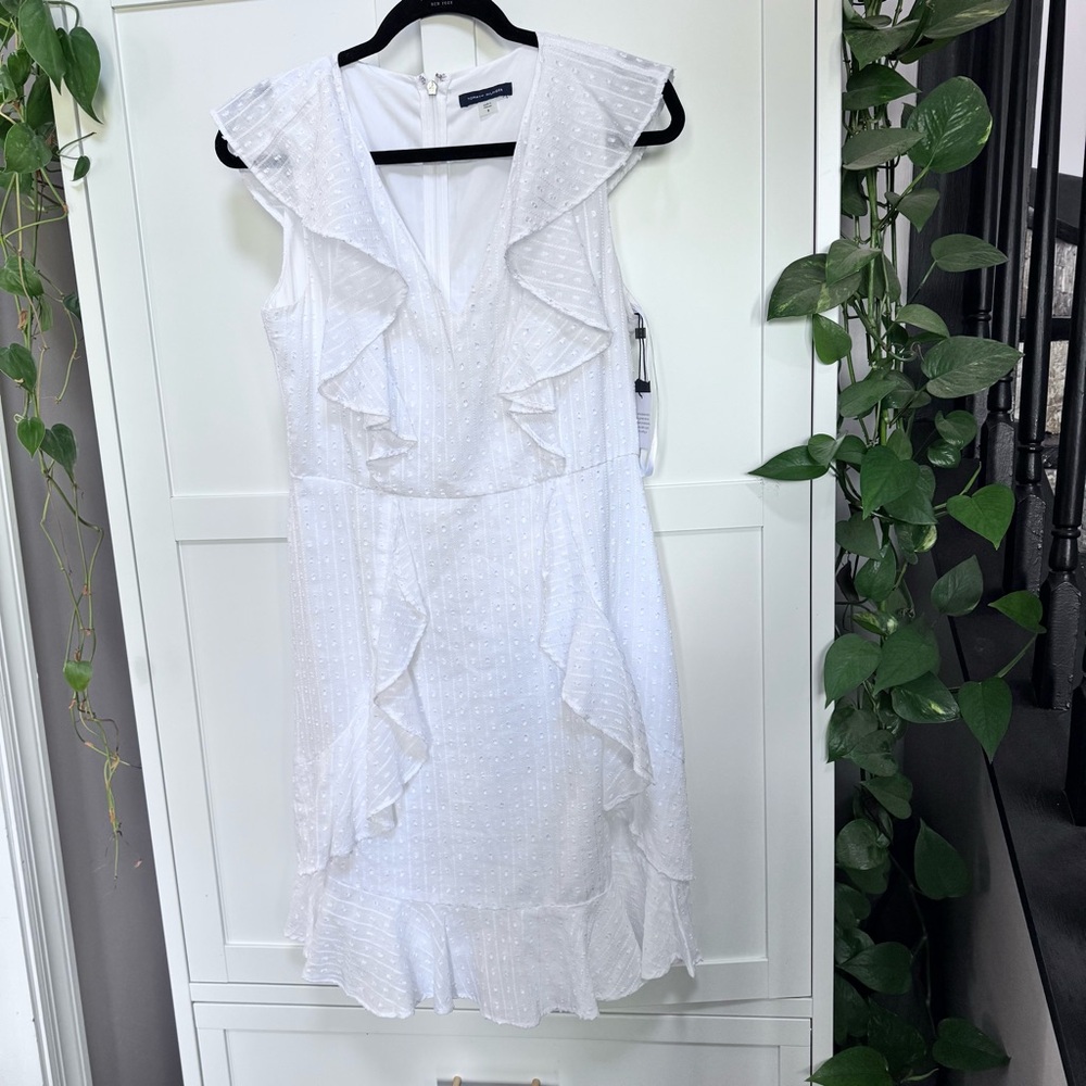 Tommy Hilfiger Dress Size 8 New W/Tags White Flair-Dot Flutter Sleeve Ruffle